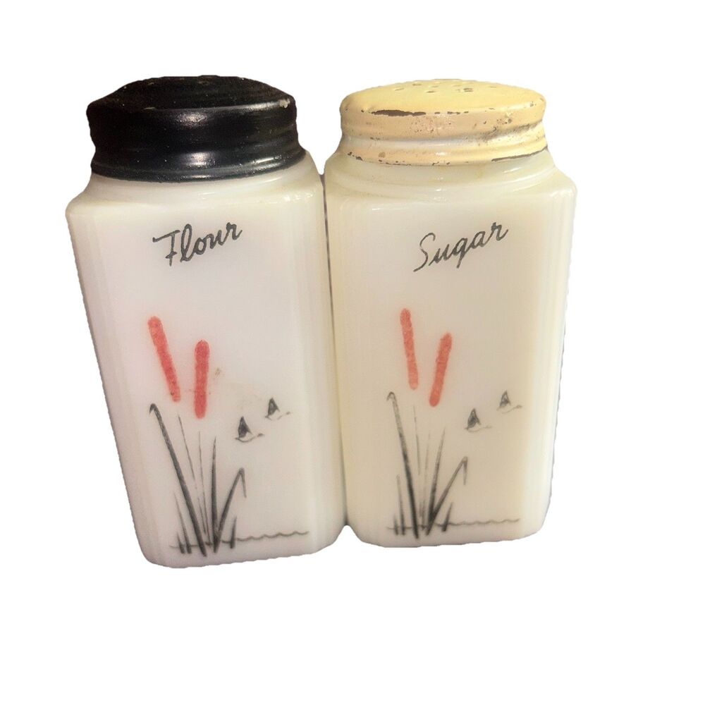 McKee Tipp City Milk Glass Cattail Design Shakers Flour And Sugar Range Shakers